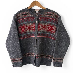 Vintage Orvis 100% Wool Nordic Fair Isle Cardigan Sweater Button Front SMALL